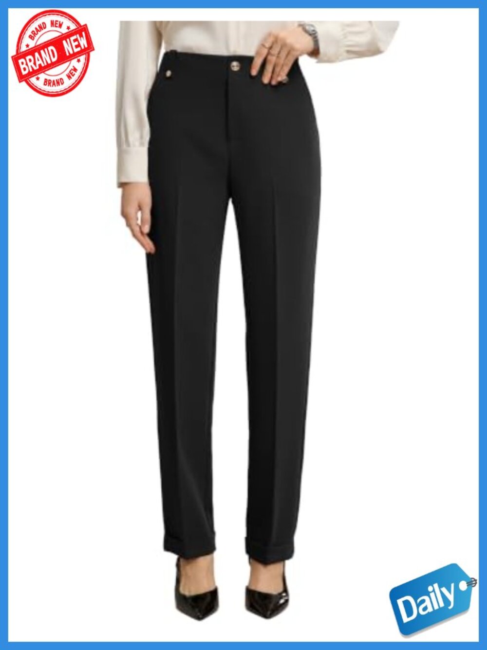 Ankle Length Trousers High Waist Skinny Slacks Decorative Buttons Cuffed Hem
